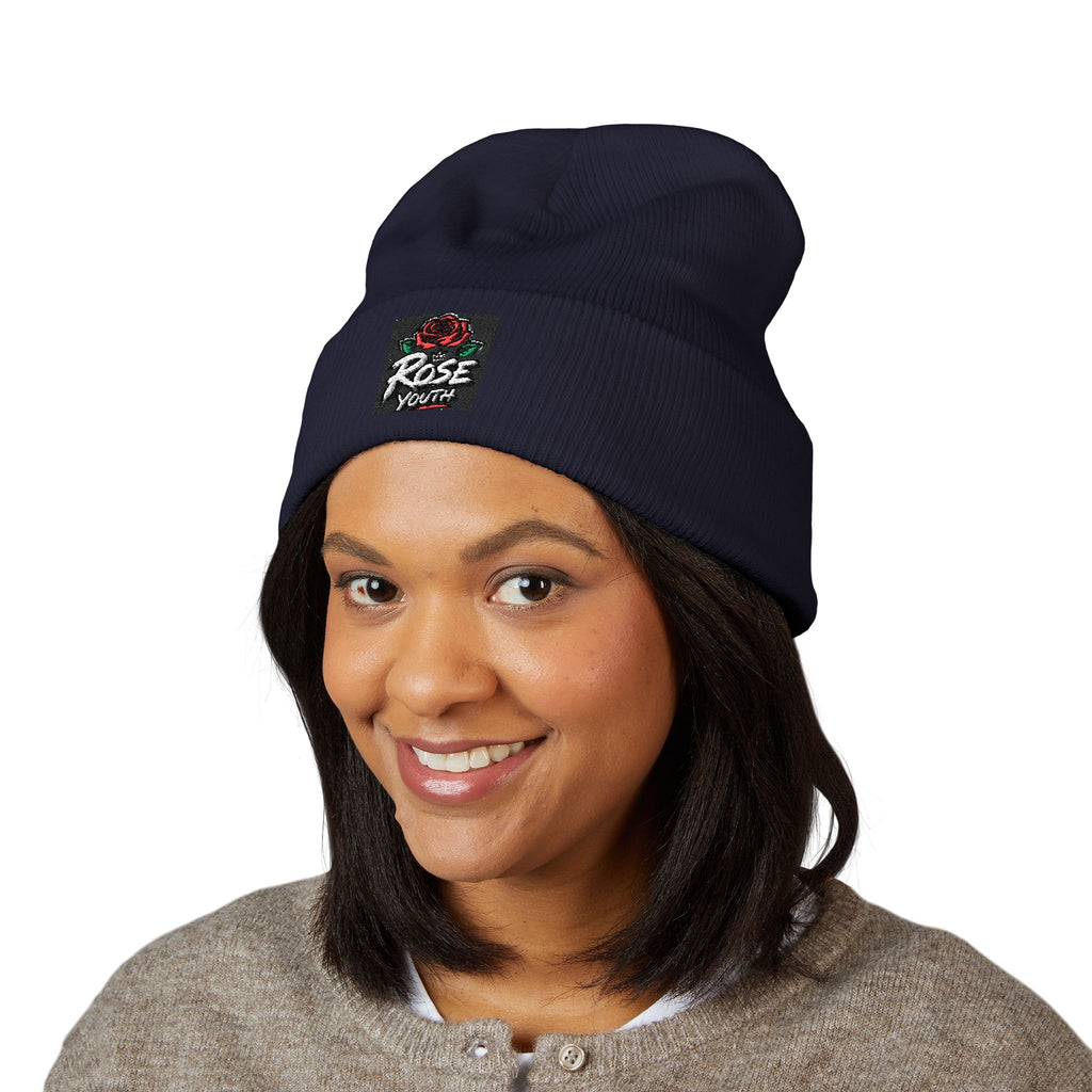 Embroidered 'Rose Youth' Cuffed Beanie – Vintage Patch Knit Hat