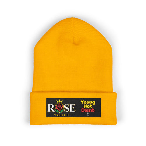 Embroidered 'ROSE Youth' Cuffed Beanie — 'Young Not Dumb' Streetwear Knit Hat