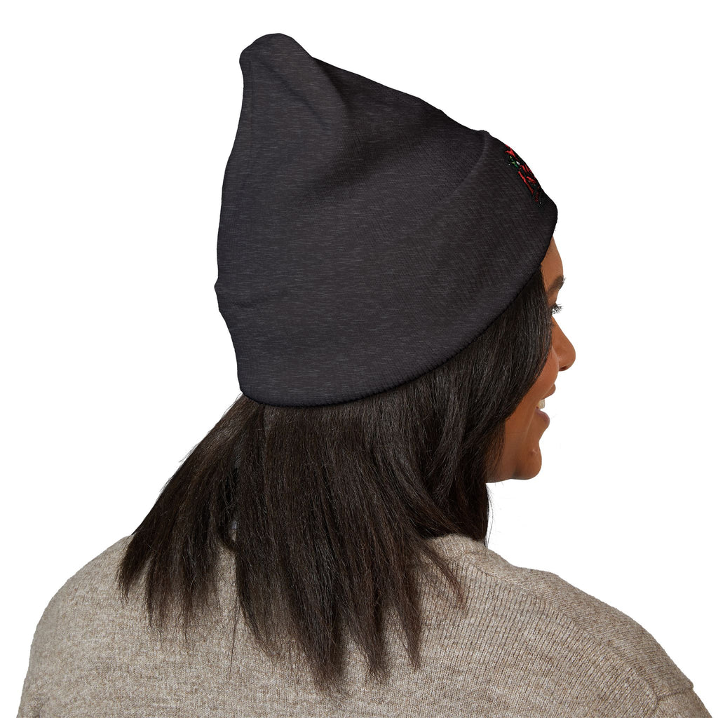 Rose Embroidered Cuffed Beanie — Floral Vintage Script Knit Hat