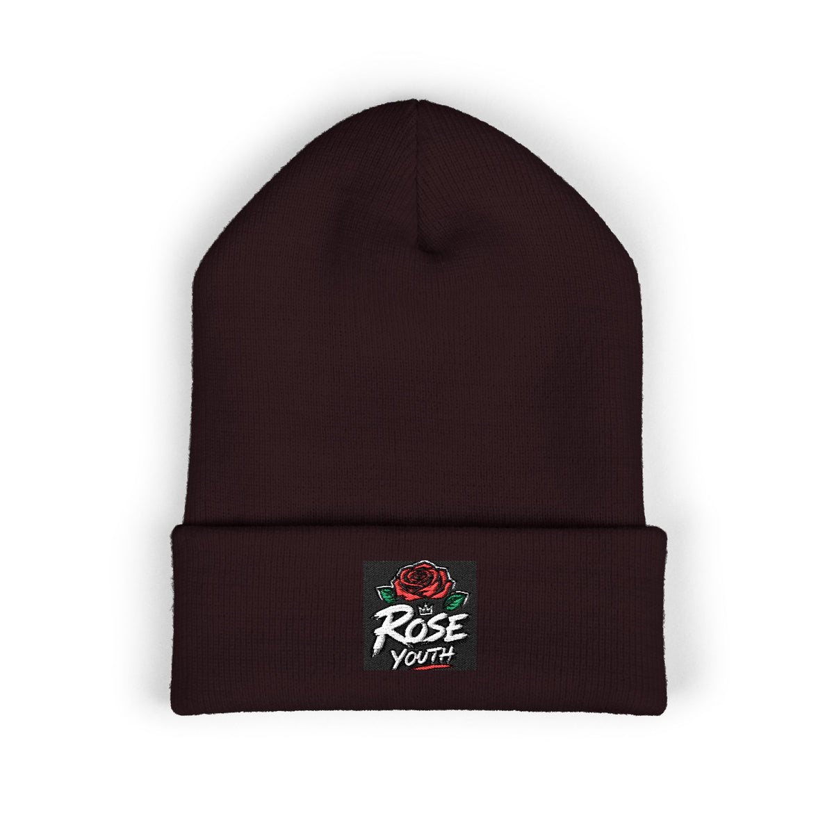 Embroidered 'Rose Youth' Cuffed Beanie – Vintage Patch Knit Hat