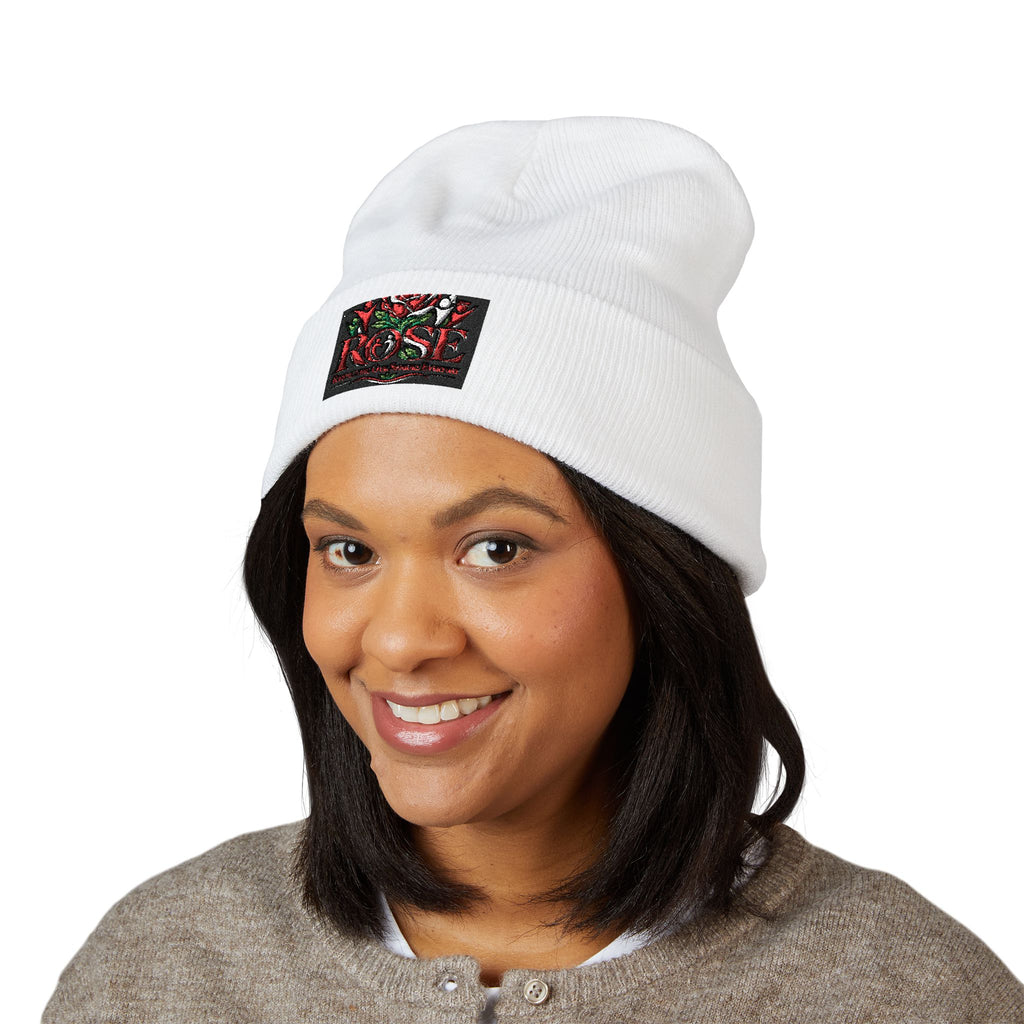Rose Embroidered Cuffed Beanie — Floral Vintage Script Knit Hat