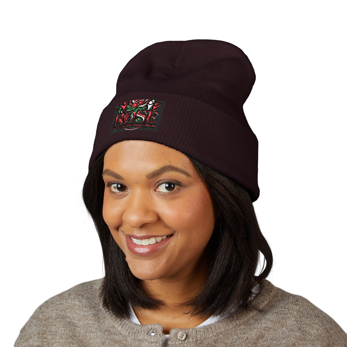 Rose Embroidered Cuffed Beanie — Floral Vintage Script Knit Hat