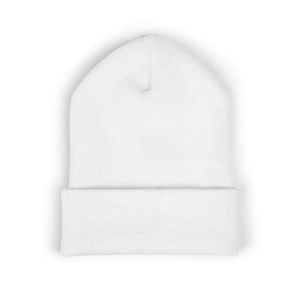 Rose Embroidered Cuffed Beanie — Floral Vintage Script Knit Hat