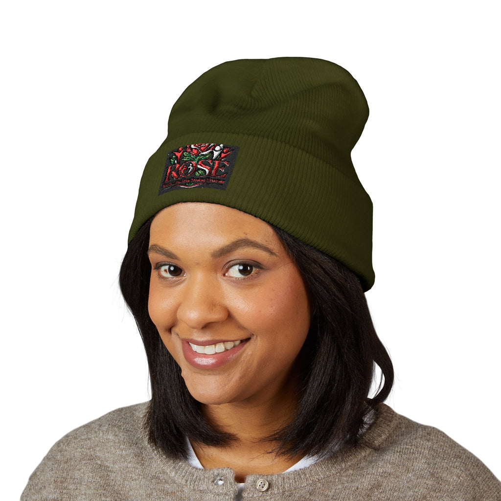 Rose Embroidered Cuffed Beanie — Floral Vintage Script Knit Hat