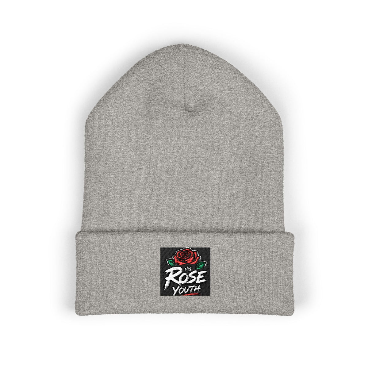 Embroidered 'Rose Youth' Cuffed Beanie – Vintage Patch Knit Hat