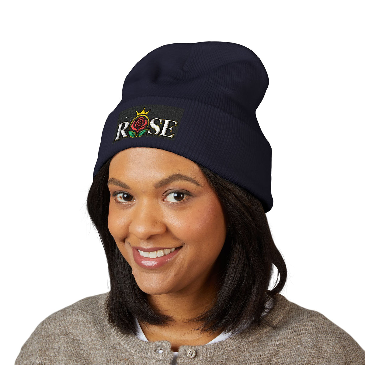 Rose Crown Embroidered Cuffed Beanie