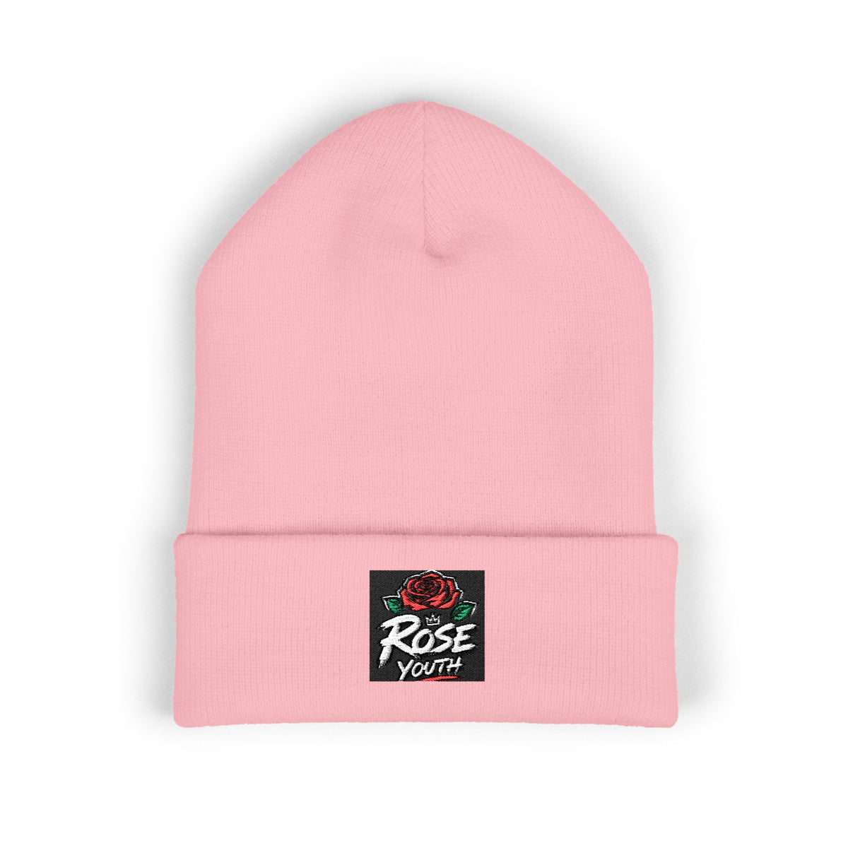 Embroidered 'Rose Youth' Cuffed Beanie – Vintage Patch Knit Hat