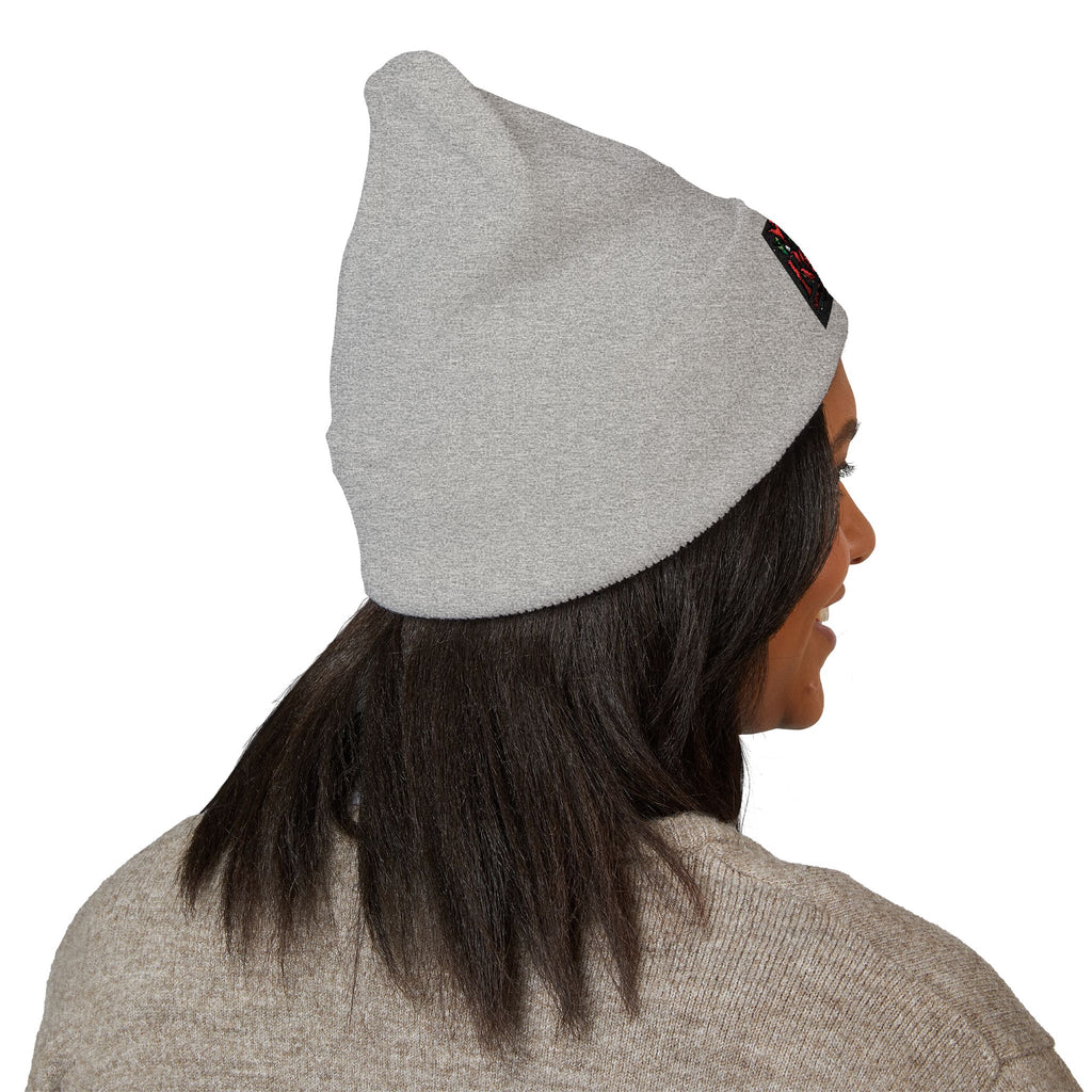 Rose Embroidered Cuffed Beanie — Floral Vintage Script Knit Hat