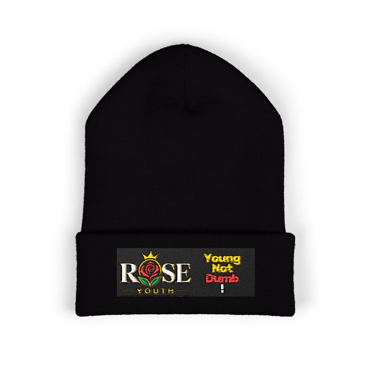 Embroidered 'ROSE Youth' Cuffed Beanie — 'Young Not Dumb' Streetwear Knit Hat
