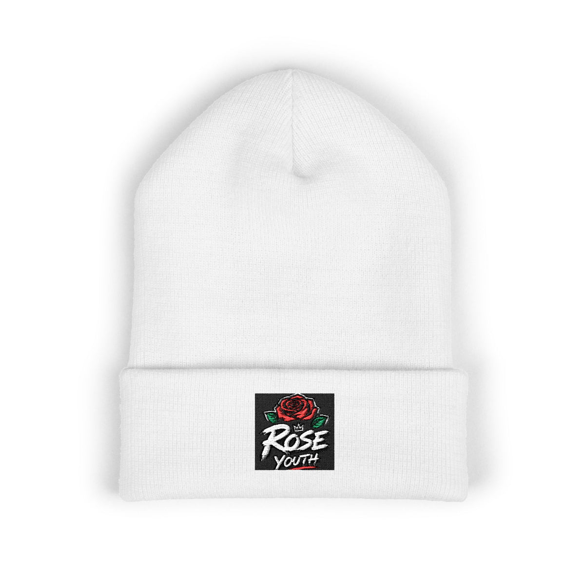 Embroidered 'Rose Youth' Cuffed Beanie – Vintage Patch Knit Hat
