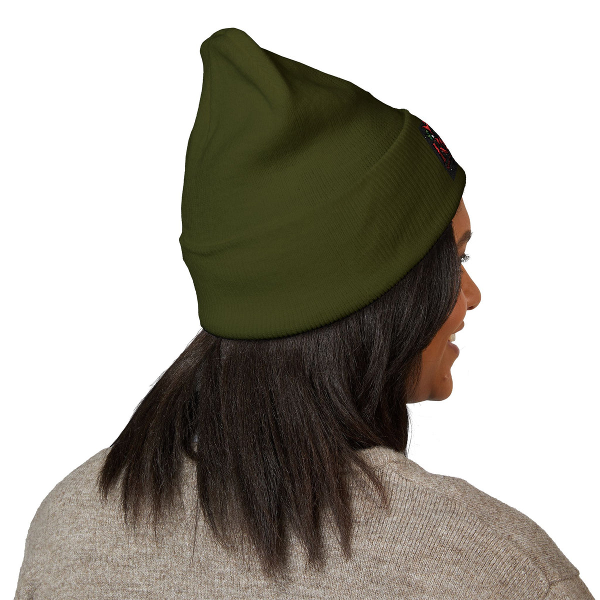 Rose Embroidered Cuffed Beanie — Floral Vintage Script Knit Hat