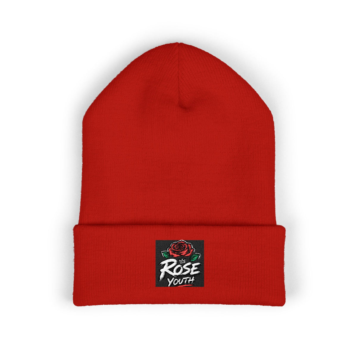 Embroidered 'Rose Youth' Cuffed Beanie – Vintage Patch Knit Hat