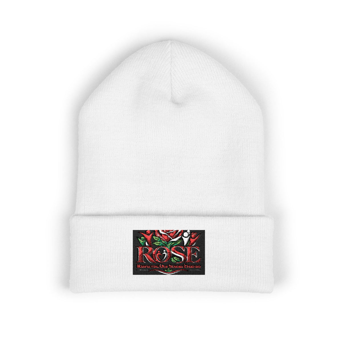 Rose Embroidered Cuffed Beanie — Floral Vintage Script Knit Hat