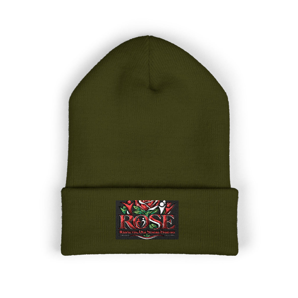 Rose Embroidered Cuffed Beanie — Floral Vintage Script Knit Hat