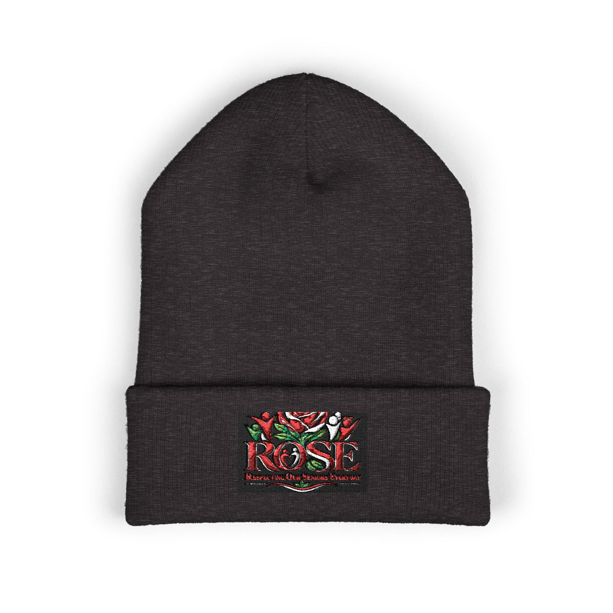 Rose Embroidered Cuffed Beanie — Floral Vintage Script Knit Hat