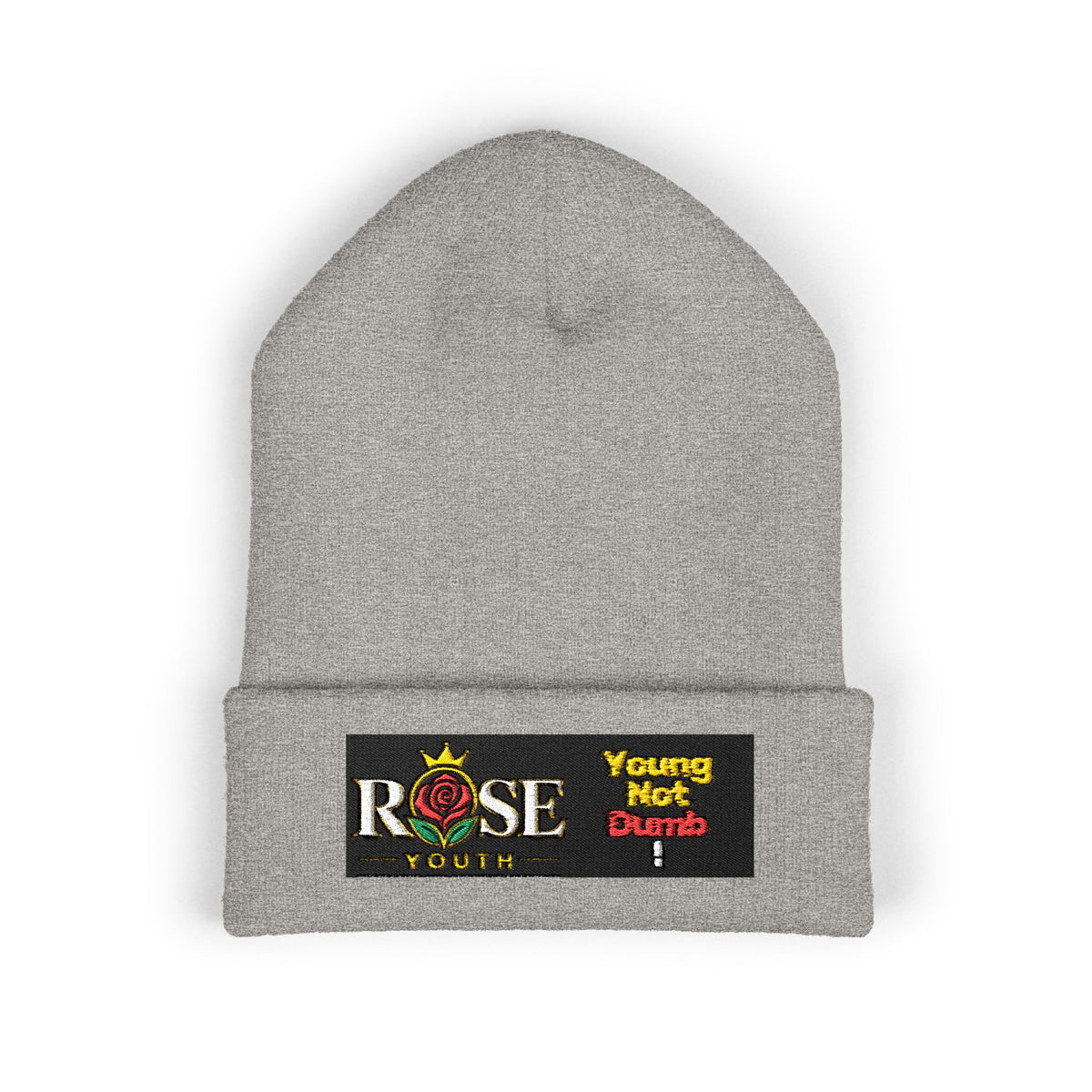 Embroidered 'ROSE Youth' Cuffed Beanie — 'Young Not Dumb' Streetwear Knit Hat
