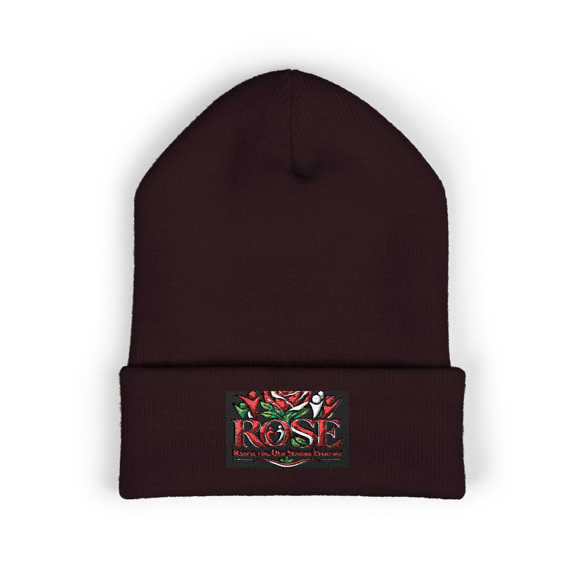 Rose Embroidered Cuffed Beanie — Floral Vintage Script Knit Hat