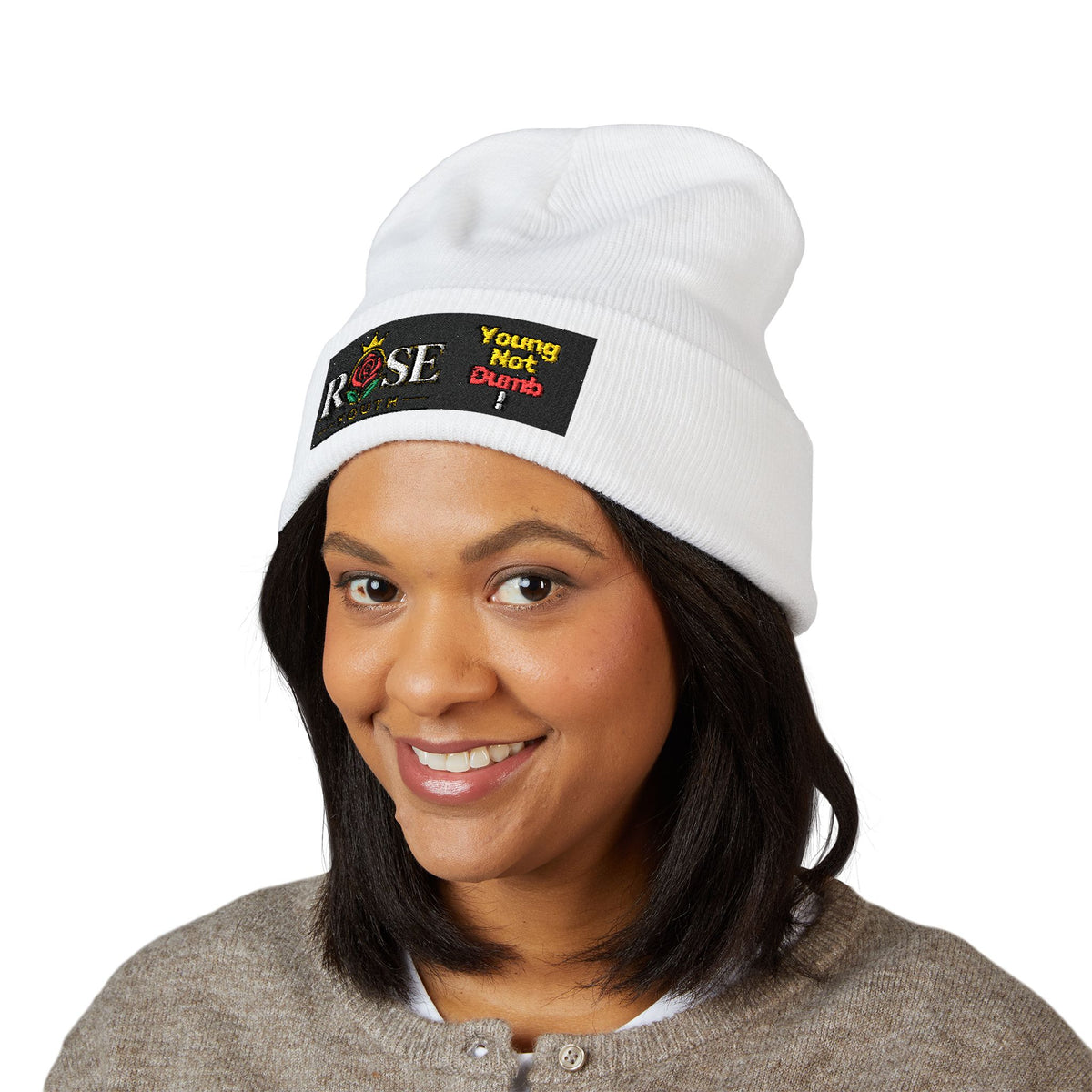 Embroidered 'ROSE Youth' Cuffed Beanie — 'Young Not Dumb' Streetwear Knit Hat