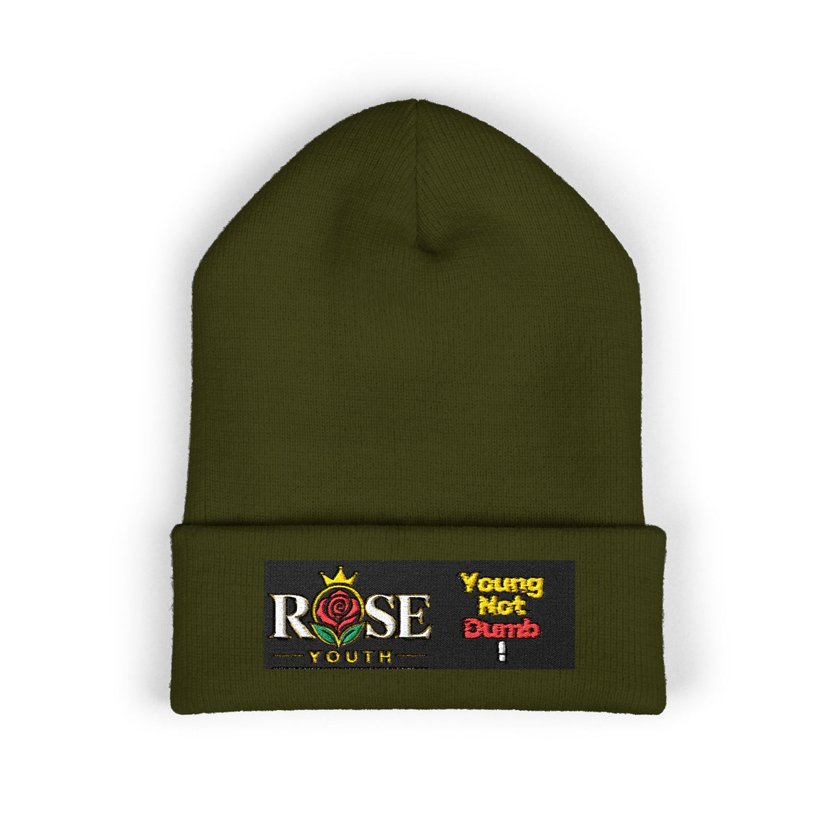 Embroidered 'ROSE Youth' Cuffed Beanie — 'Young Not Dumb' Streetwear Knit Hat