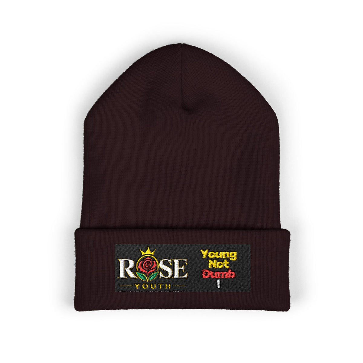 Embroidered 'ROSE Youth' Cuffed Beanie — 'Young Not Dumb' Streetwear Knit Hat