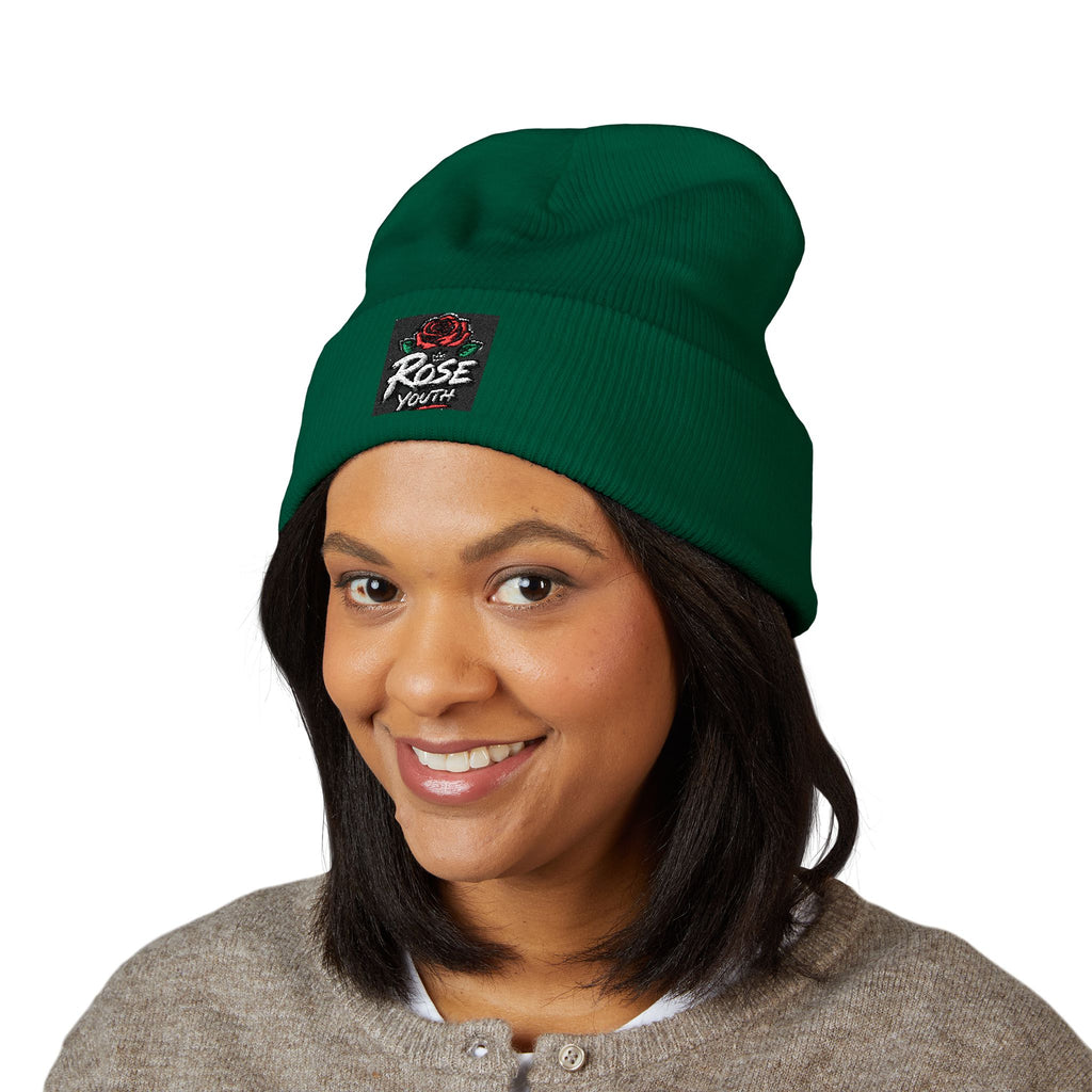 Embroidered 'Rose Youth' Cuffed Beanie – Vintage Patch Knit Hat