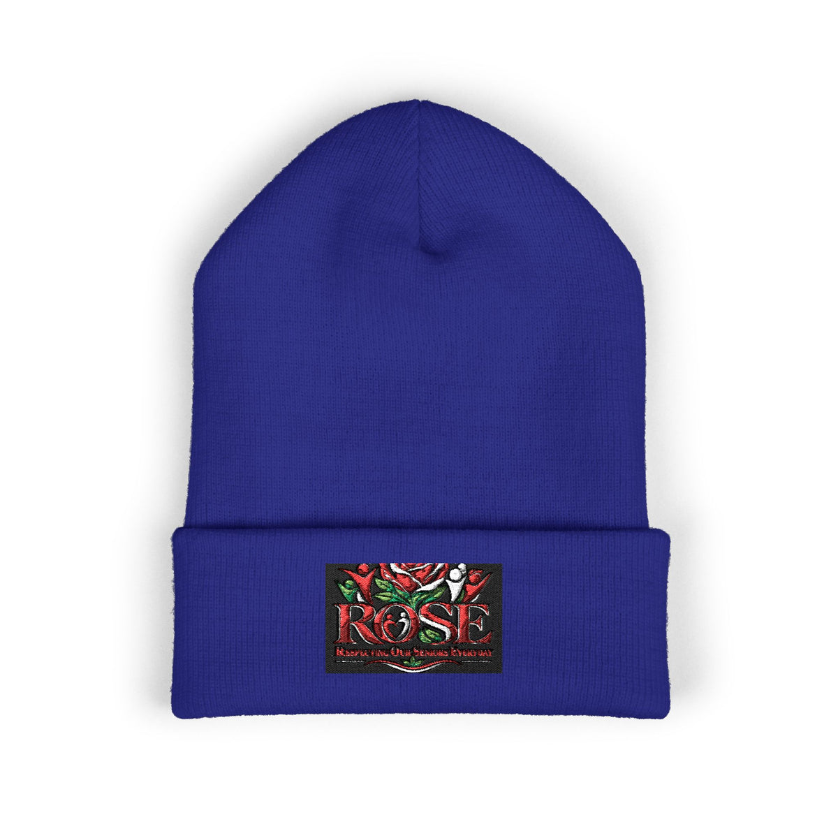 Rose Embroidered Cuffed Beanie — Floral Vintage Script Knit Hat