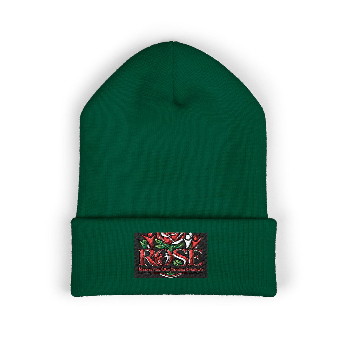Rose Embroidered Cuffed Beanie — Floral Vintage Script Knit Hat
