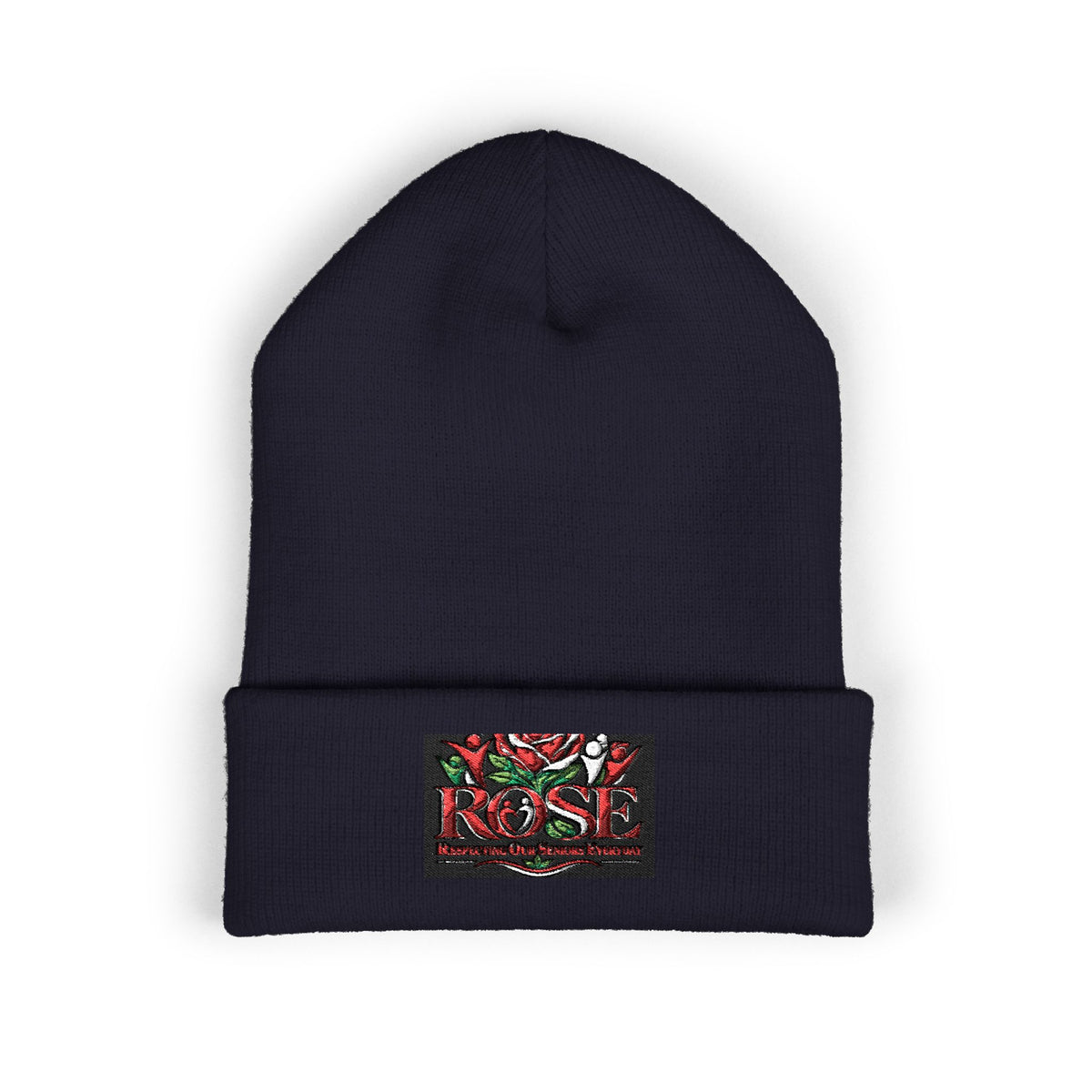Rose Embroidered Cuffed Beanie — Floral Vintage Script Knit Hat