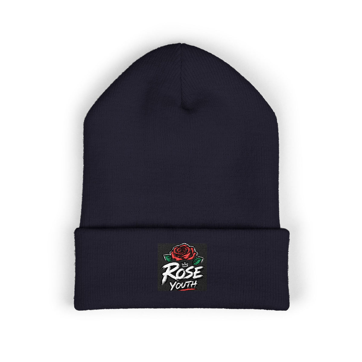 Embroidered 'Rose Youth' Cuffed Beanie – Vintage Patch Knit Hat