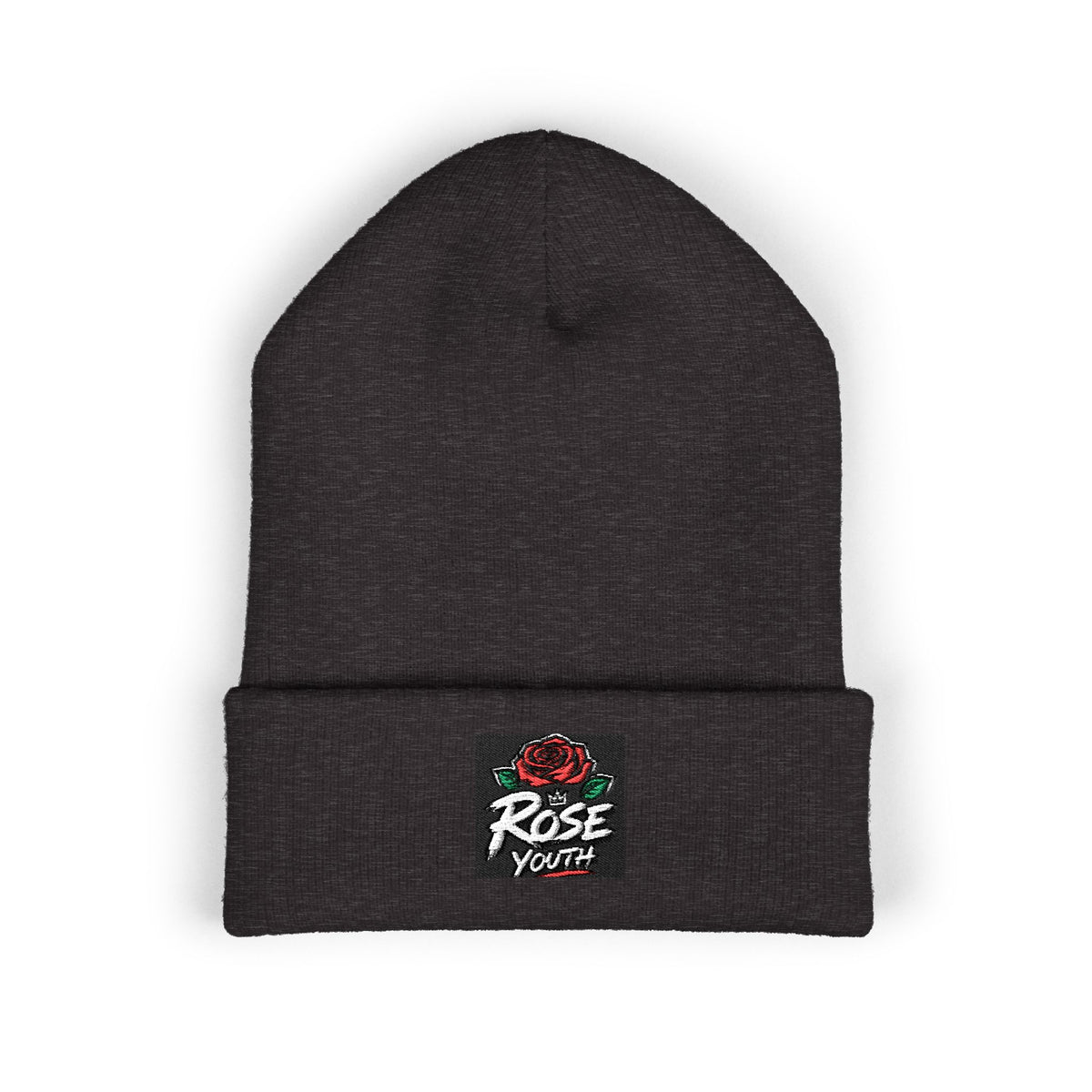 Embroidered 'Rose Youth' Cuffed Beanie – Vintage Patch Knit Hat