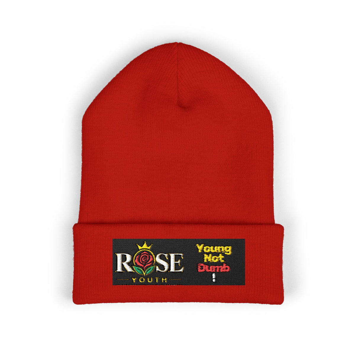 Embroidered 'ROSE Youth' Cuffed Beanie — 'Young Not Dumb' Streetwear Knit Hat