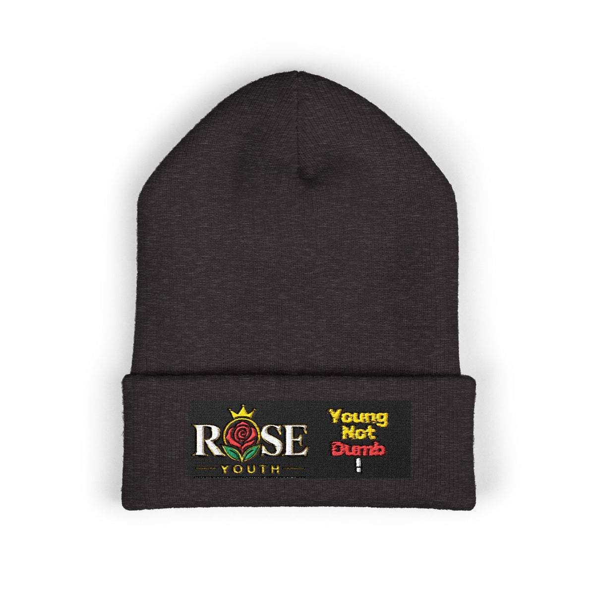 Embroidered 'ROSE Youth' Cuffed Beanie — 'Young Not Dumb' Streetwear Knit Hat