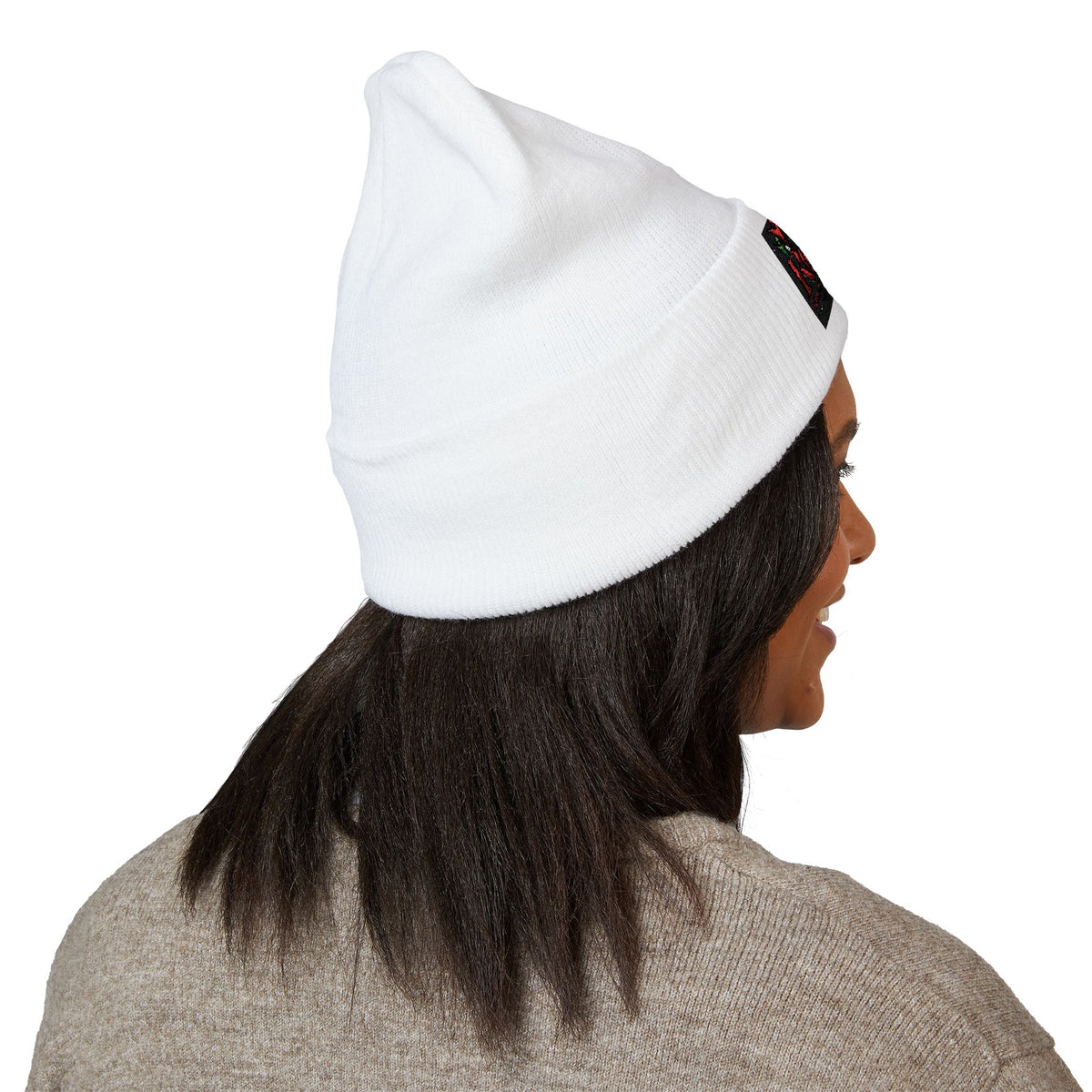 Rose Embroidered Cuffed Beanie — Floral Vintage Script Knit Hat
