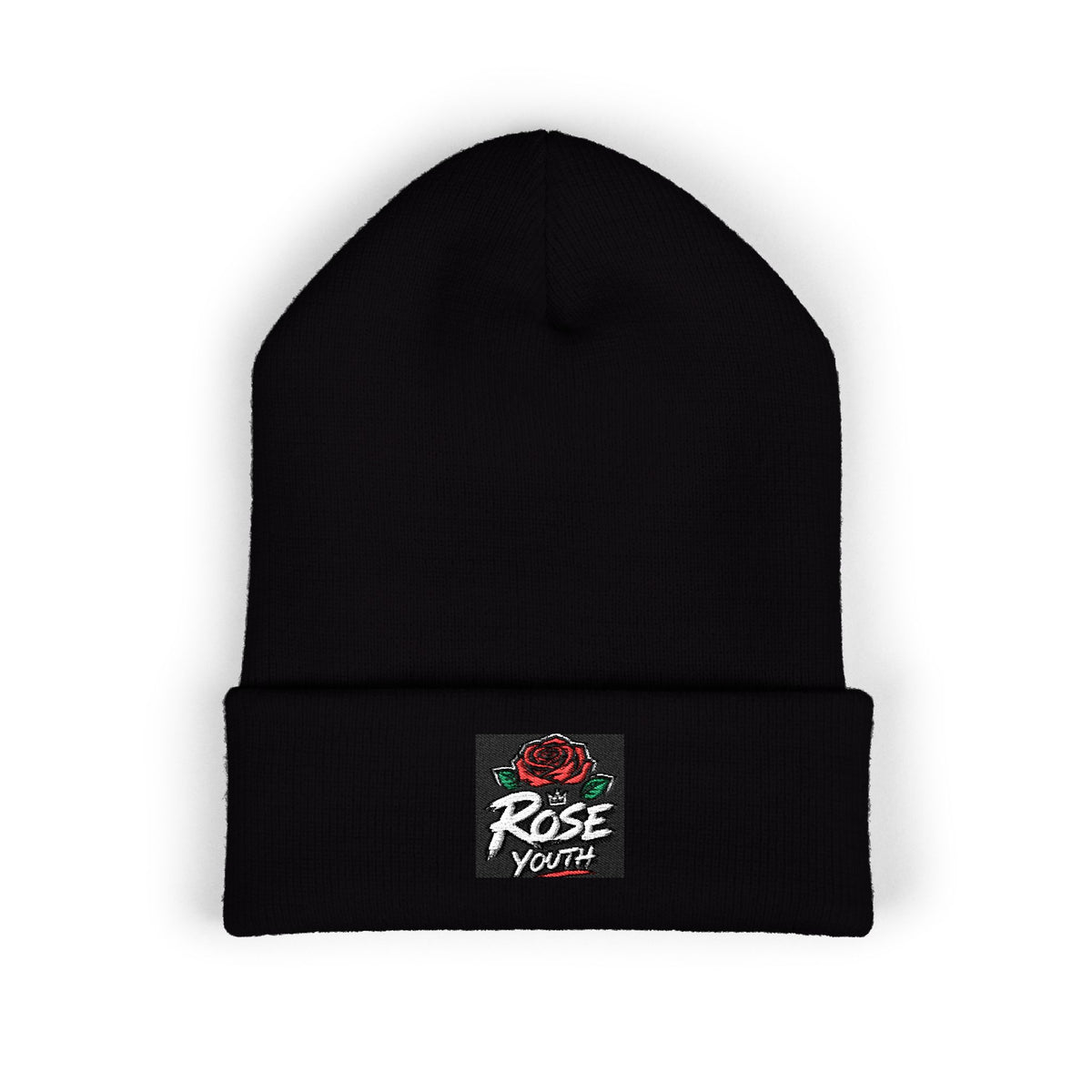 Embroidered 'Rose Youth' Cuffed Beanie – Vintage Patch Knit Hat