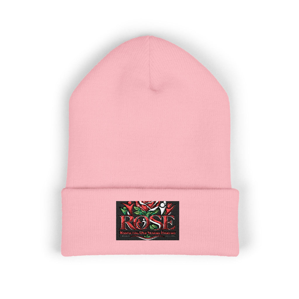 Rose Embroidered Cuffed Beanie — Floral Vintage Script Knit Hat