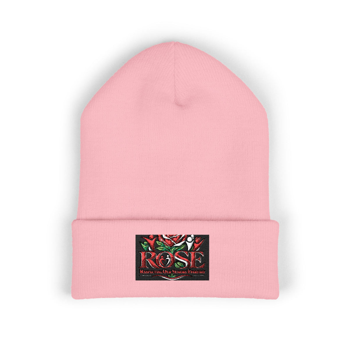 Rose Embroidered Cuffed Beanie — Floral Vintage Script Knit Hat
