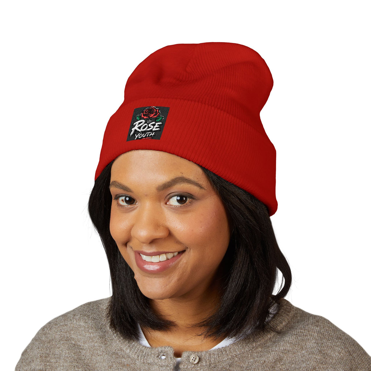 Embroidered 'Rose Youth' Cuffed Beanie – Vintage Patch Knit Hat