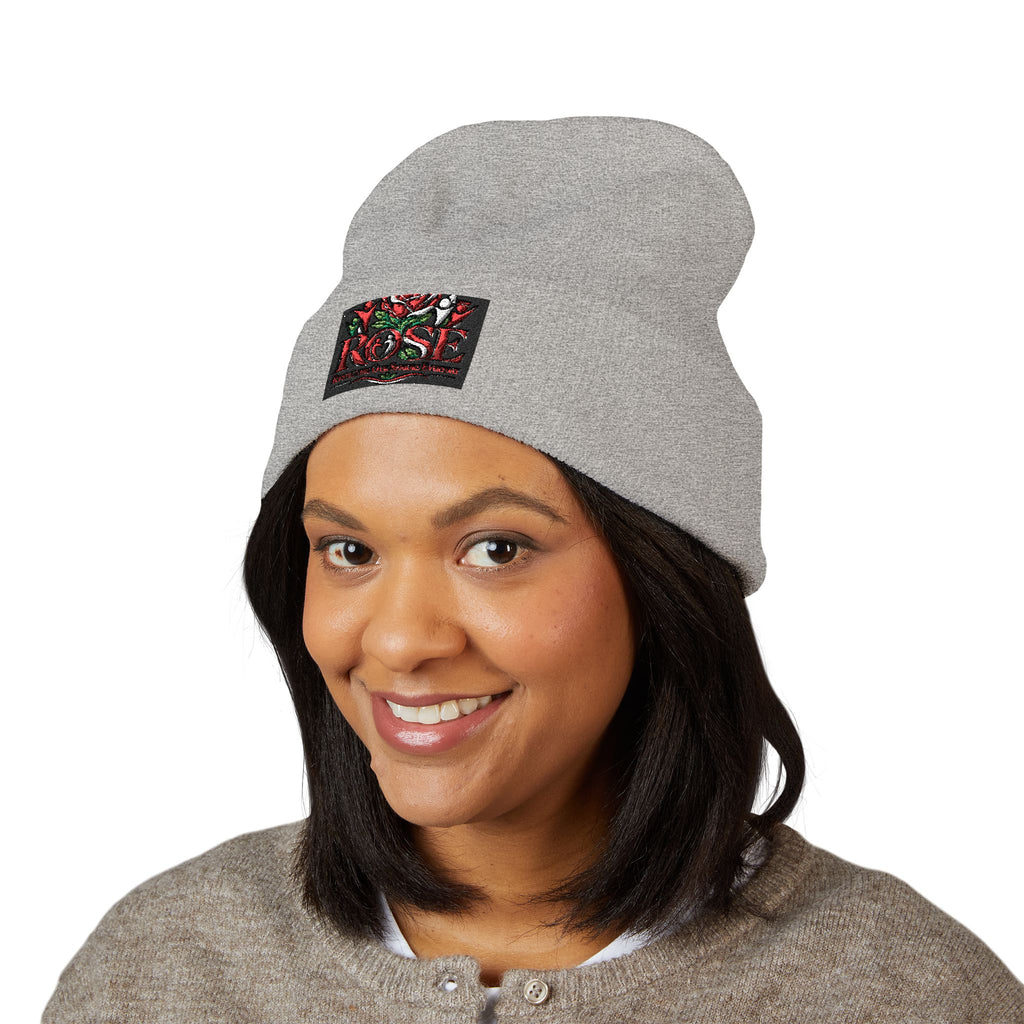Rose Embroidered Cuffed Beanie — Floral Vintage Script Knit Hat