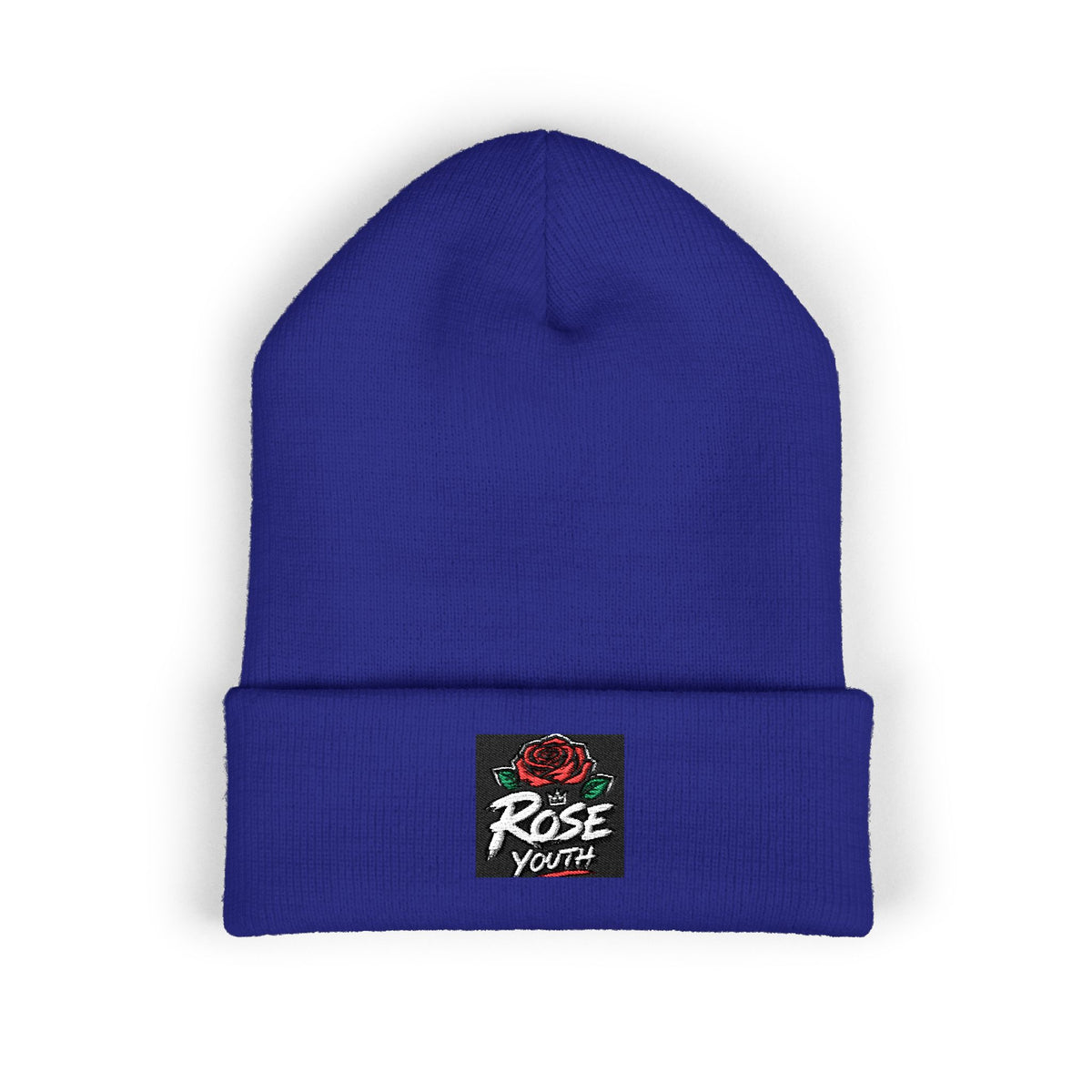 Embroidered 'Rose Youth' Cuffed Beanie – Vintage Patch Knit Hat