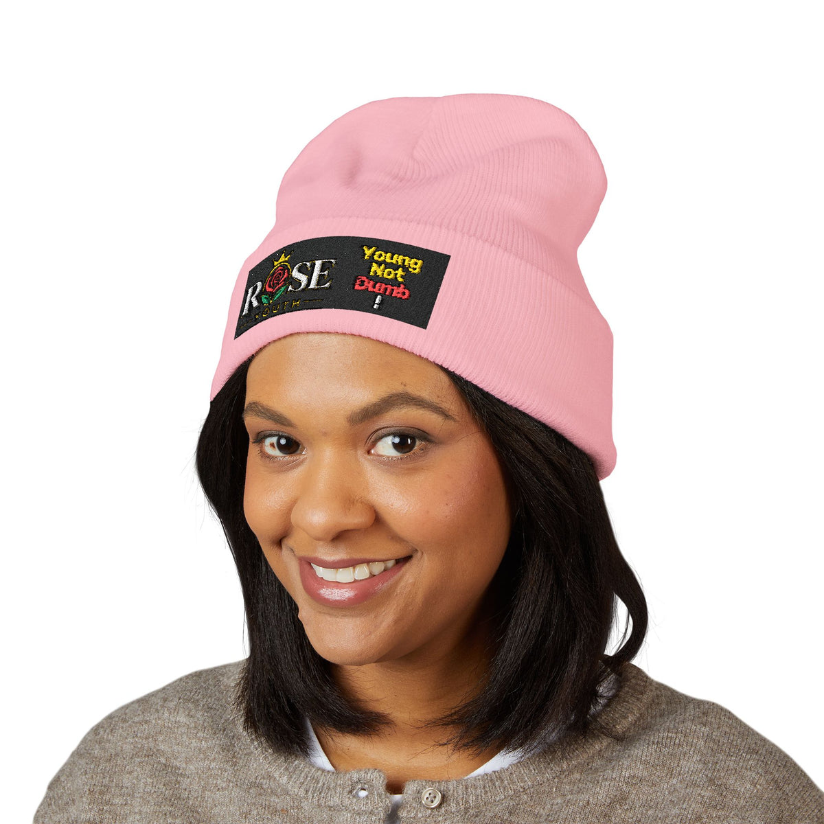 Embroidered 'ROSE Youth' Cuffed Beanie — 'Young Not Dumb' Streetwear Knit Hat