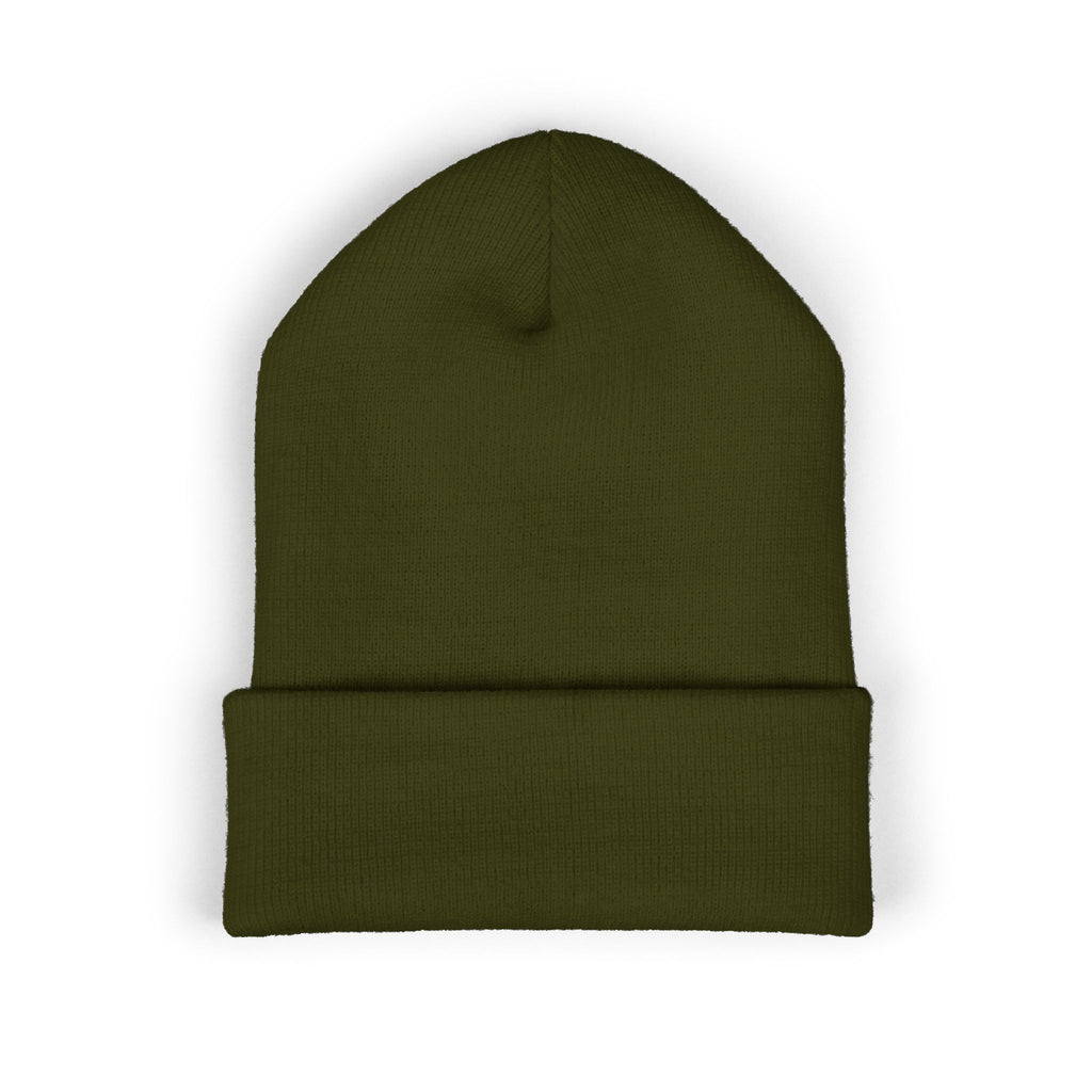 Rose Embroidered Cuffed Beanie — Floral Vintage Script Knit Hat