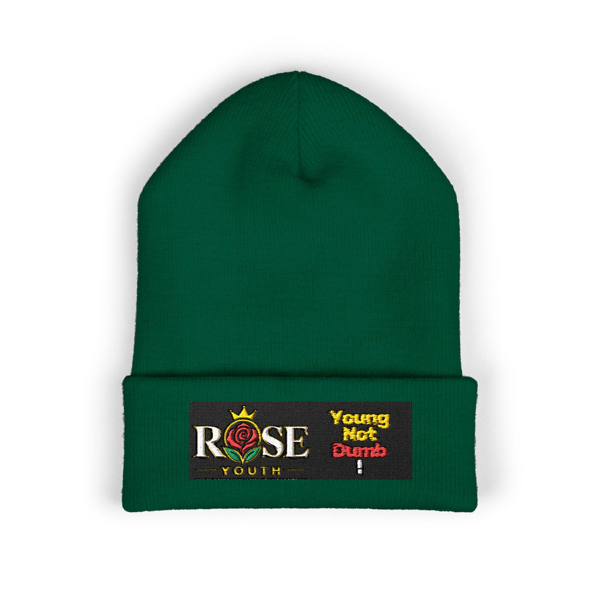 Embroidered 'ROSE Youth' Cuffed Beanie — 'Young Not Dumb' Streetwear Knit Hat