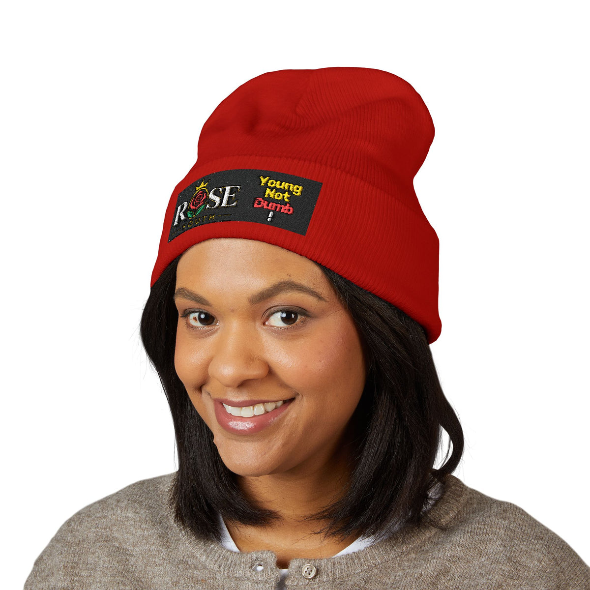 Embroidered 'ROSE Youth' Cuffed Beanie — 'Young Not Dumb' Streetwear Knit Hat