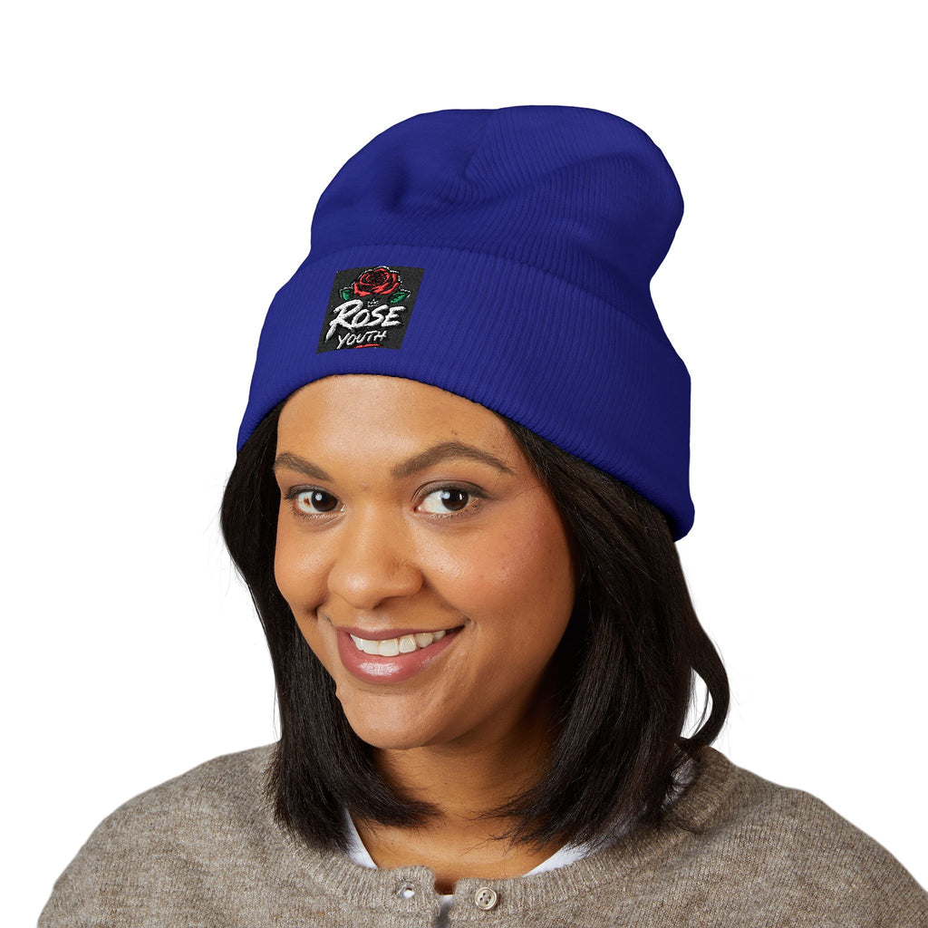 Embroidered 'Rose Youth' Cuffed Beanie – Vintage Patch Knit Hat
