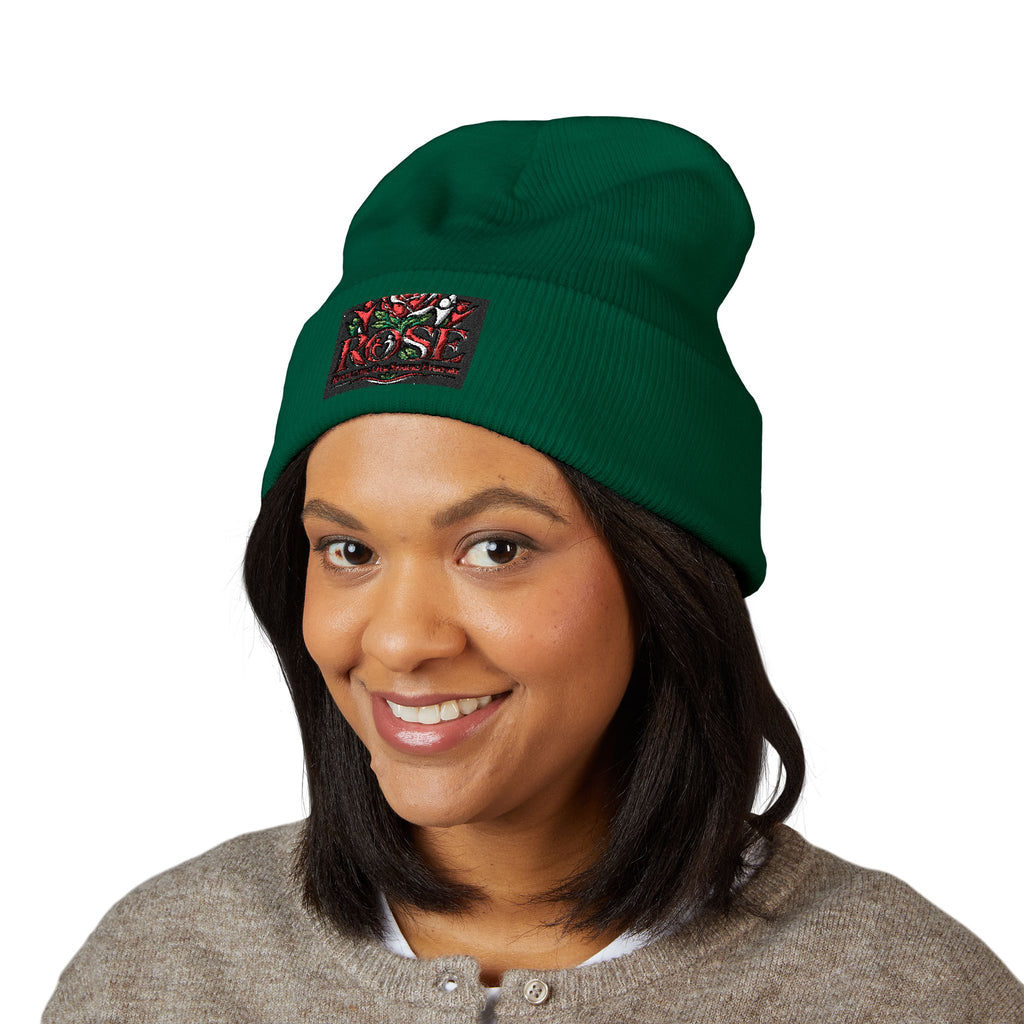 Rose Embroidered Cuffed Beanie — Floral Vintage Script Knit Hat