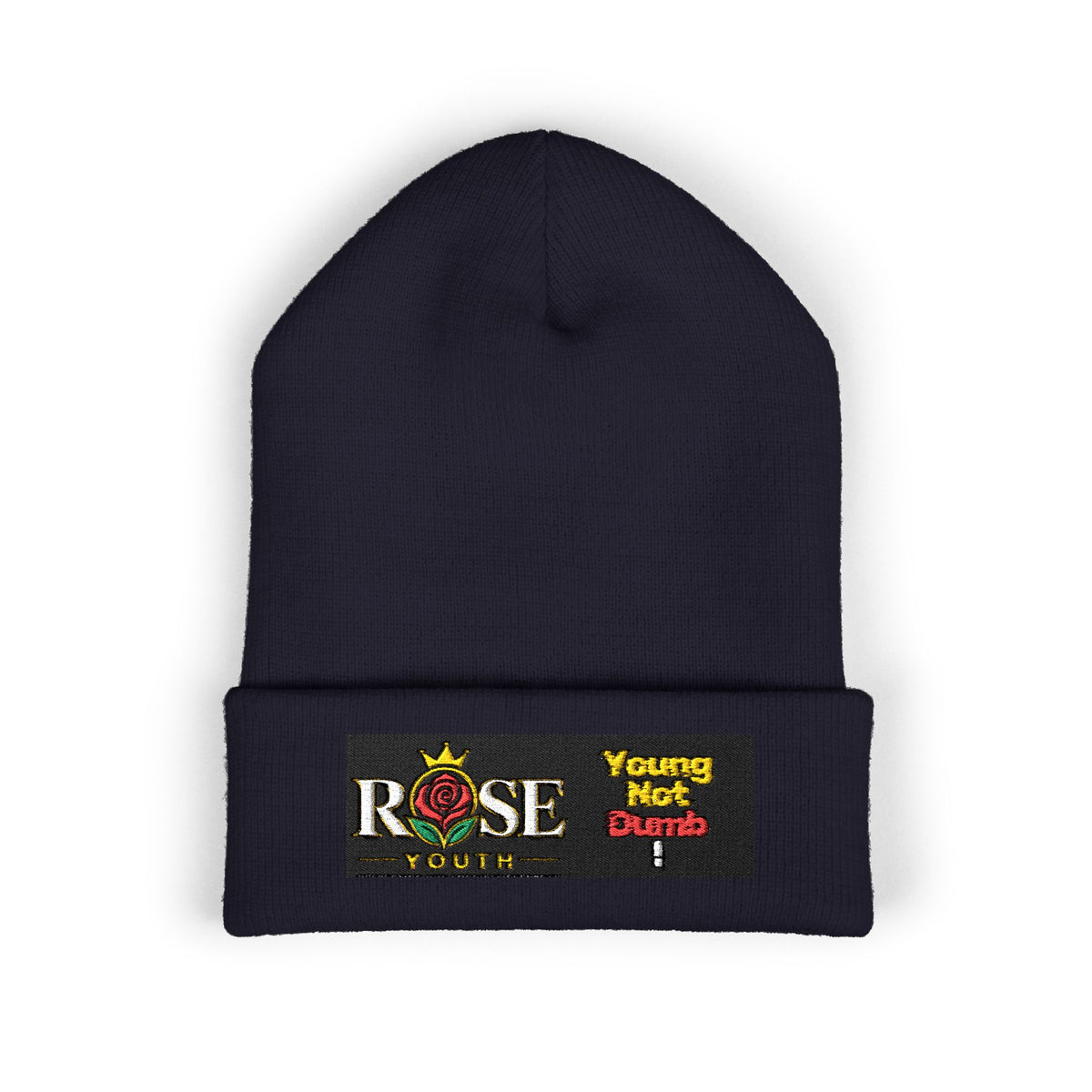Embroidered 'ROSE Youth' Cuffed Beanie — 'Young Not Dumb' Streetwear Knit Hat