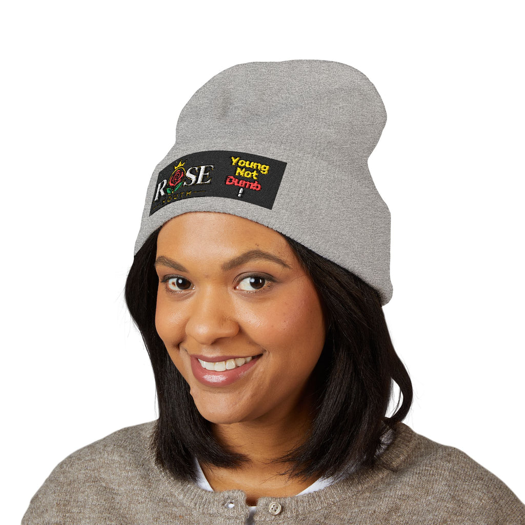 Embroidered 'ROSE Youth' Cuffed Beanie — 'Young Not Dumb' Streetwear Knit Hat