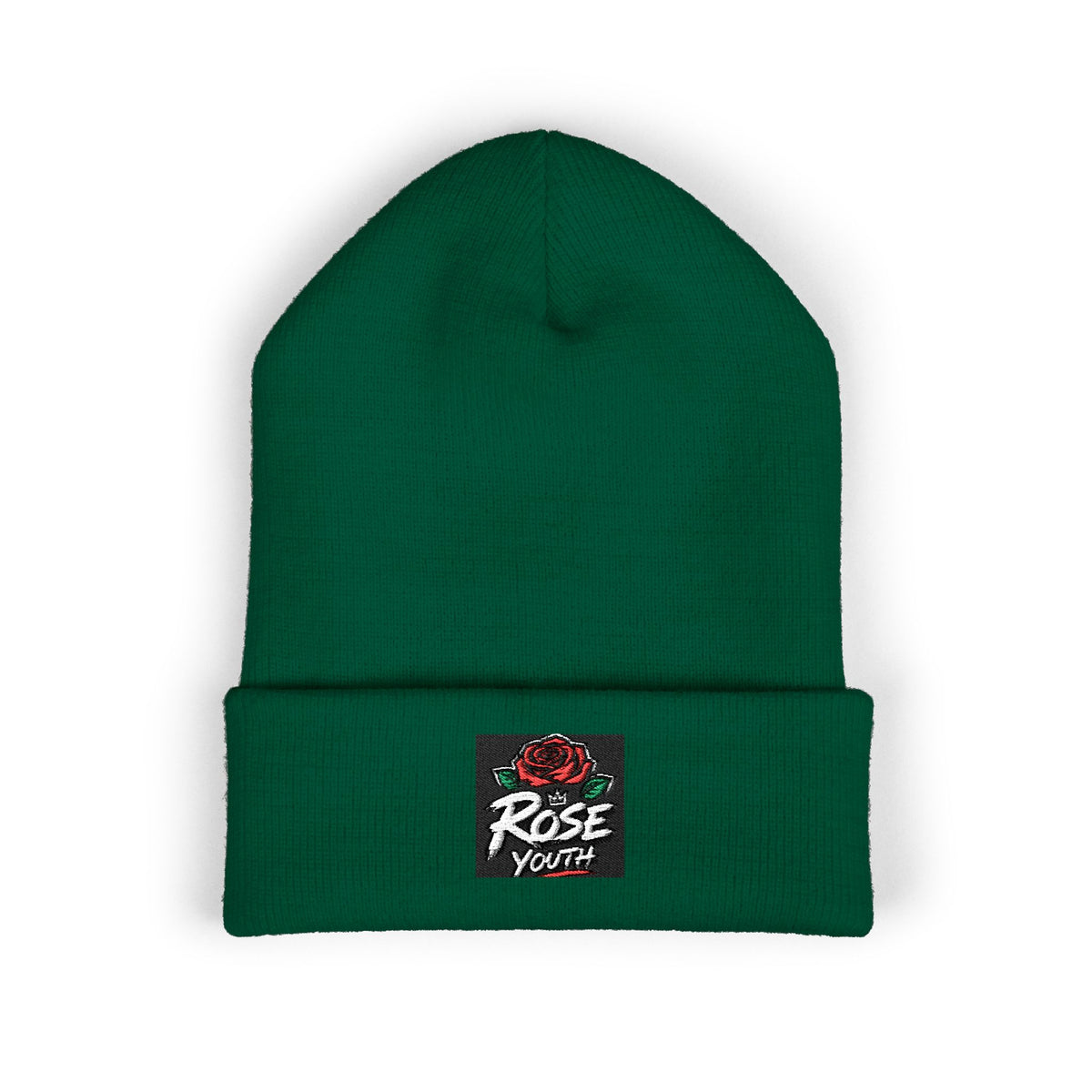 Embroidered 'Rose Youth' Cuffed Beanie – Vintage Patch Knit Hat