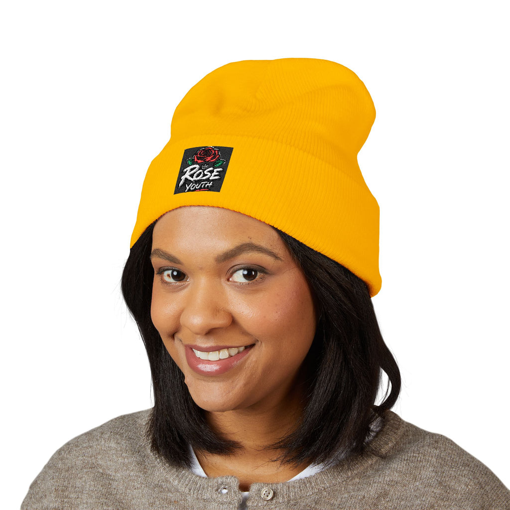 Embroidered 'Rose Youth' Cuffed Beanie – Vintage Patch Knit Hat