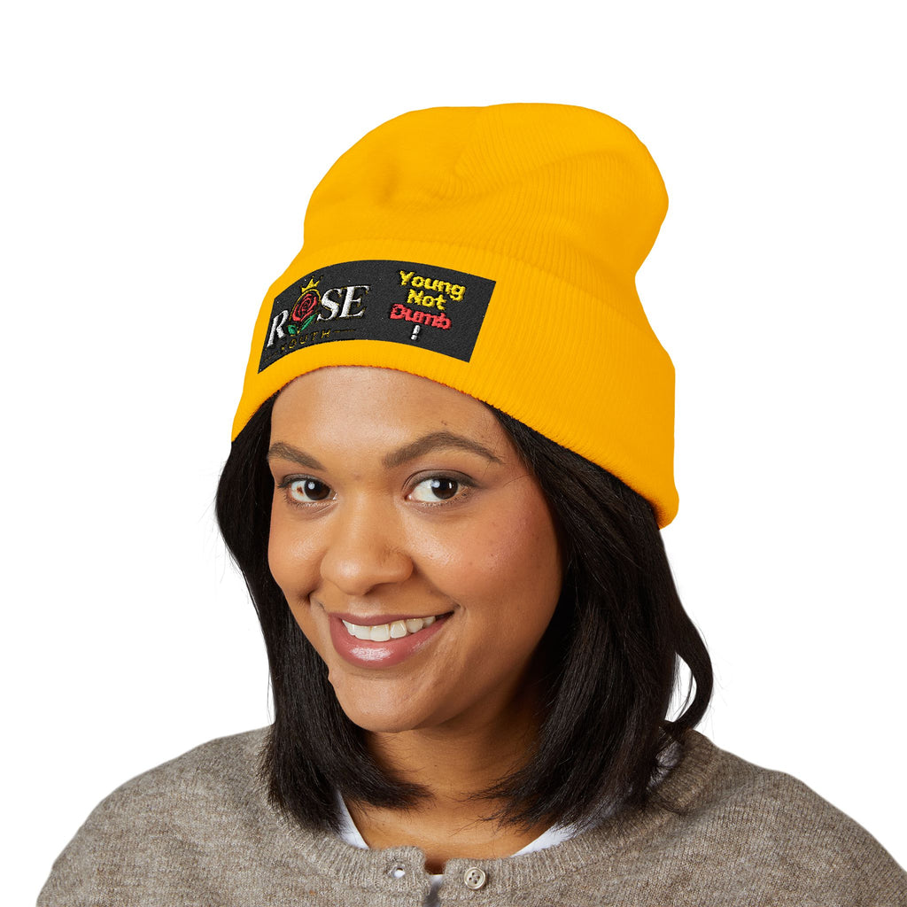 Embroidered 'ROSE Youth' Cuffed Beanie — 'Young Not Dumb' Streetwear Knit Hat